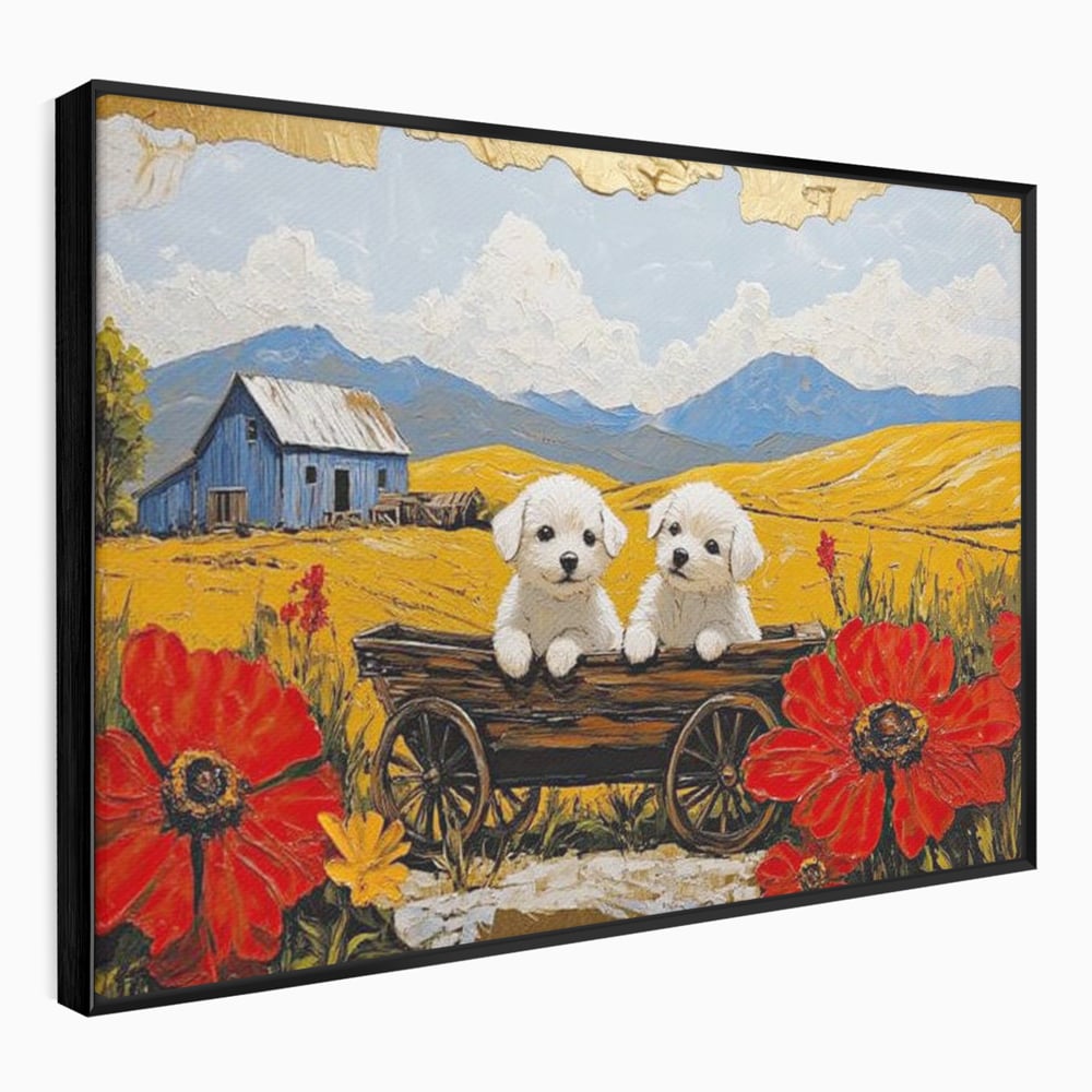Tablou canvas cu tablou canvas cu catei in caruta si maci, in rama de aluminiu negru